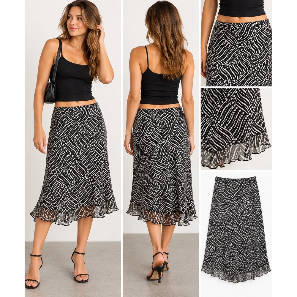 Vintage Y2K New York City Design Co 100% silk Skirt XL Black White Ruffle Midi